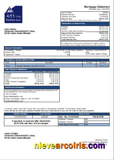 Ethiopia Dashen bank mortgage statement